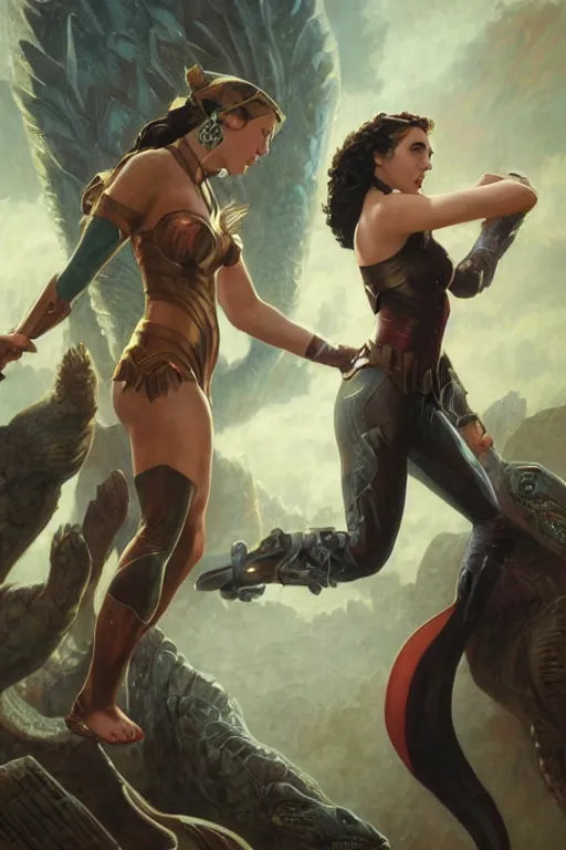 Image similar to A fantasy comic book style Oil Painting portrait of Scarlett Johansson and Gal Gadot, as Atlantean Reptilian Warriors, Mystical Valkyrie, unreal 5, DAZ, hyperrealistic, octane render, Regal, Refined, Detailed Digital Art, RPG portrait, William-Adolphe Bouguereau, Michael Cheval, Walt Disney (1937), François Boucher, Steampunk, Josephine wall, dynamic lighting, Highly Detailed, Cinematic Lighting, Unreal Engine, 8k, HD