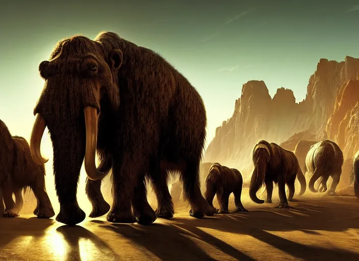 Image similar to the big large expedition with a crowd of adventurers being brought by gigantic transport mammoths carrying stuff towards the desert of duhnes medium shot, key art by craig mullins, bloom, dramatic lighting, cinematic, high details