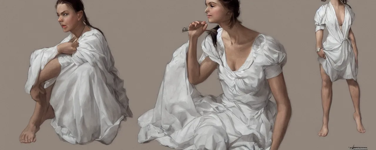 Prompt: character design, reference sheet, ancient white dress, relaxing, 15 years old female, happy, beautiful, elegant, no shoes, open v chest clothes, long dark hair, concept art, photorealistic, hyperdetailed, 3d rendering! , art by Leyendecker! and constable,