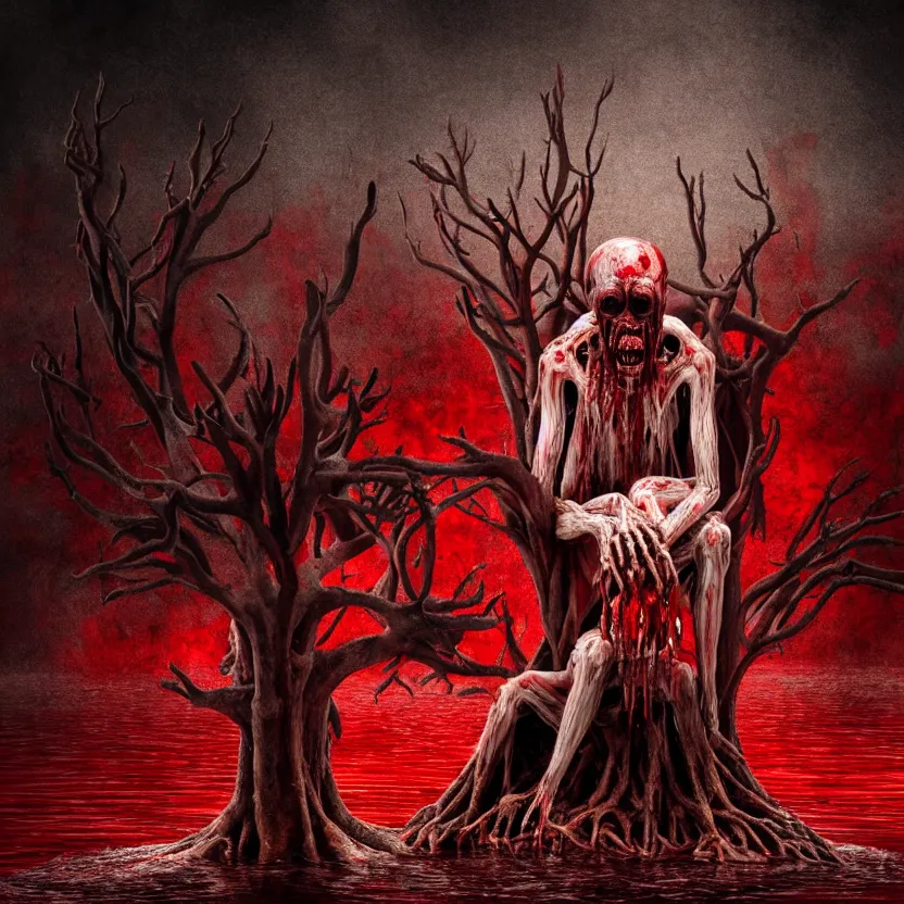 Prompt: a portrait of ( a monster with five heads, twelve arms, and sixteen legs ), sitting on ( chair made of human limbs ), ( the chair is floating in a lake of blood ), ( in the lake is a giant melting tree ), digital art, hyperrealistic nightmare scene, supernatural, highly detailed, creepy, terrifying