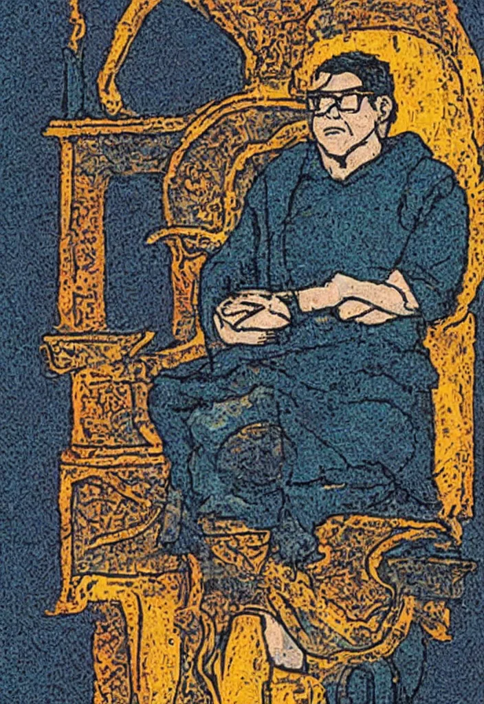 Image similar to Yann LeCun sitting on the throne on a tarot card, illustrated on the Rider–Waite tarot.