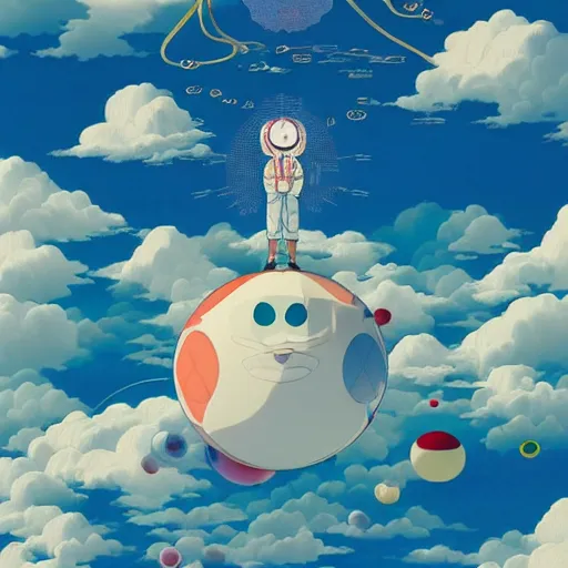 Image similar to a man walking on clouds above kyoto by takashi murakami, beeple and james jean, aya takano color style, 4 k, super detailed