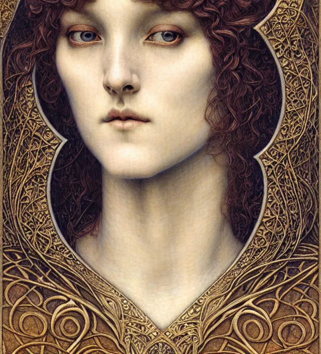 Image similar to detailed realistic beautiful young medieval queen face portrait by jean delville, gustave dore and marco mazzoni, art nouveau, symbolist, visionary, gothic, pre - raphaelite. horizontal symmetry