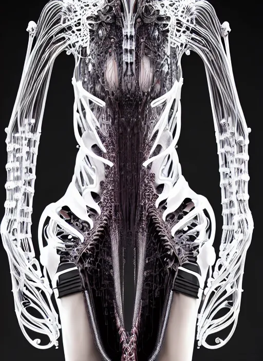 Prompt: iris van herpen gothic dark dress, perfect symmetrical body, helmet on face, full body shot, inflateble shapes, wires, tubes, veins, jellyfish, white biomechanical details, wearing epic bionic cyborg implants, masterpiece, intricate, biopunk, vogue, highly detailed, artstation, concept art, cyberpunk, octane render