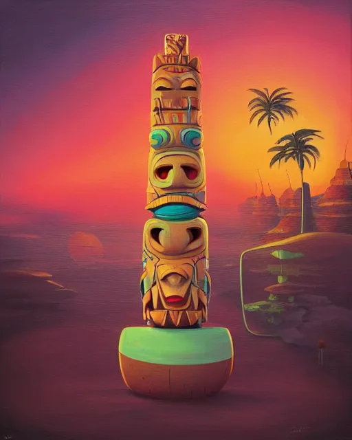 Image similar to a painting of a tribal tiki hut with a totem pole, a surrealist painting by Naoto Hattori, close up, sunset, by Beeple, symmetry, by Makoto Shinkai and Lois van baarle, trending on deviantart, pop surrealism, lowbrow,, whimsical