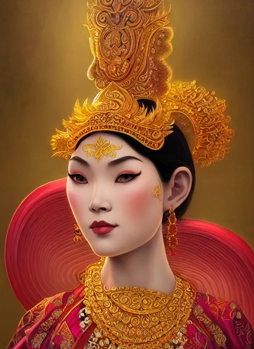 Image similar to javanese traditional dance, surealism, aesthetic, shiny, fantasy, intricate, elegant, extremely higly detailed, digital painting, artstation, face perfect, baroque, body perfect, concept art, octane render, cycles render, smooth, sharp focus, full body focus, illustration, digital painting, art by artgerm and greg rutkowski and alphonse mucha