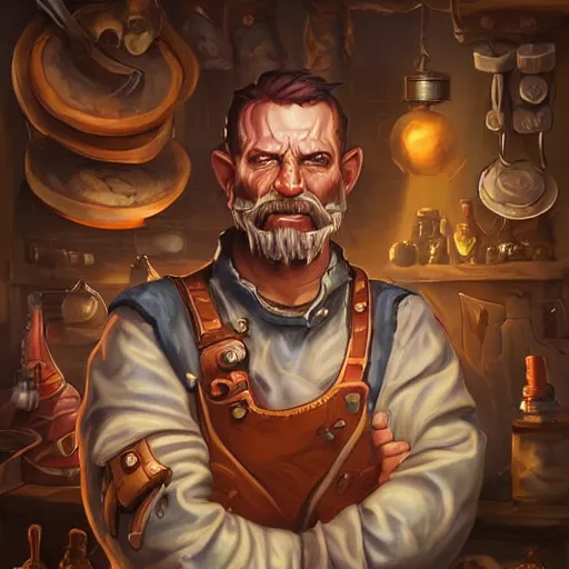 Image similar to Portrait of a butcher at his butcher shop in World of Warcraft, cover art, ultra wide lens shot, pretty, beautiful, DnD character art portrait, matte fantasy painting, DeviantArt Artstation, by Jason Felix by Steve Argyle by Tyler Jacobson by Peter Mohrbacher, cinematic lighting