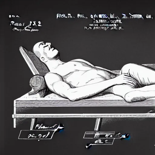 Image similar to sleeping man as a patent drawing. looking at camera. technical drawing. mathematical.