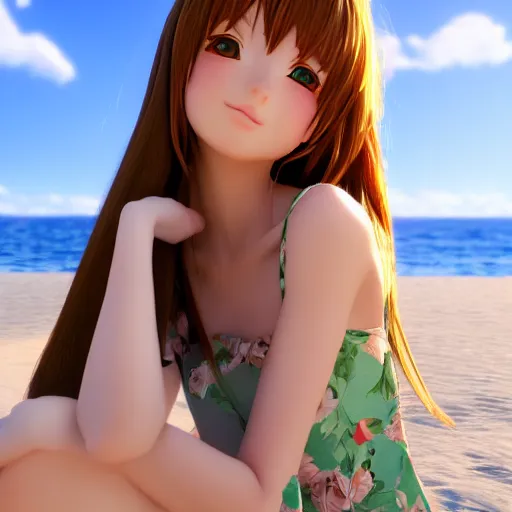 Image similar to Render of a very beautiful 3d anime girl, long hair, hazel eyes, cute freckles, full round face, short smile, cute sundress, golden hour, serene beach setting, medium shot, mid-shot, highly detailed, trending on Artstation, Unreal Engine 4k