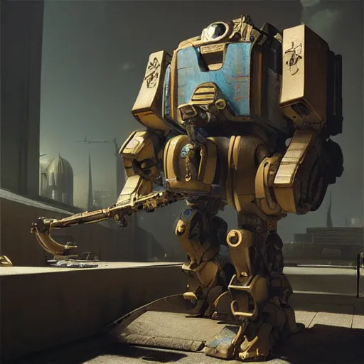 Image similar to Vermeer photographed photorealistic vfx movie cyberpunk aesthetic TOOL album holographic cover art of a giant mech warrior. 3D octane.