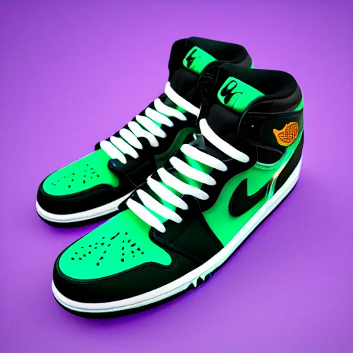 Image similar to “Air Jordan 1, Purple and Green colorway, 8k, ultra realistic”