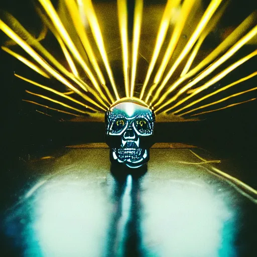 Image similar to a disco skull full of long spikes, reflecting light in a nightclub, grainy film photograph