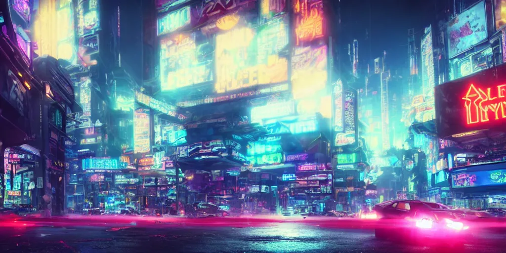 Prompt: a 3 d rendered in unreal engine hyrule land cyberpunk city with neon ads and signs with evocative dramatic mood with blade runner vibe with cars with motion blur with depth of field with bloom with lightshaft with volumetric lights, fog, by scott robertson, oscar winning graphics, photo realistic, bloom, imax, dynamic lighting, artstation,