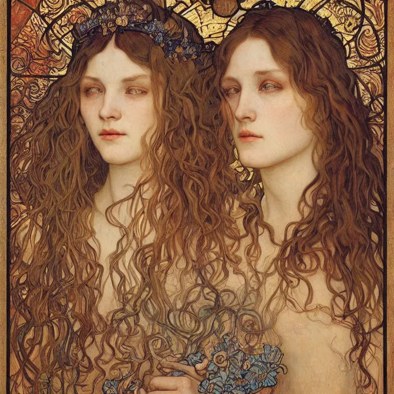 Image similar to detailed realistic beautiful young medieval queen face portrait by jean delville, alphonse mucha, vincent van gogh, and marco mazzoni, art nouveau, symbolist, visionary, gothic, pre - raphaelite
