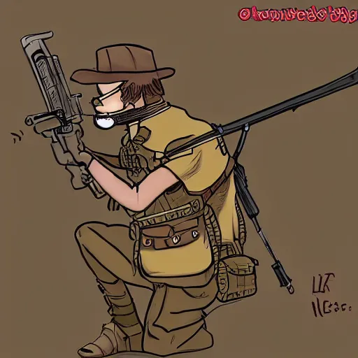 Image similar to nerdy neckbeard sniper, illustrated, detailed