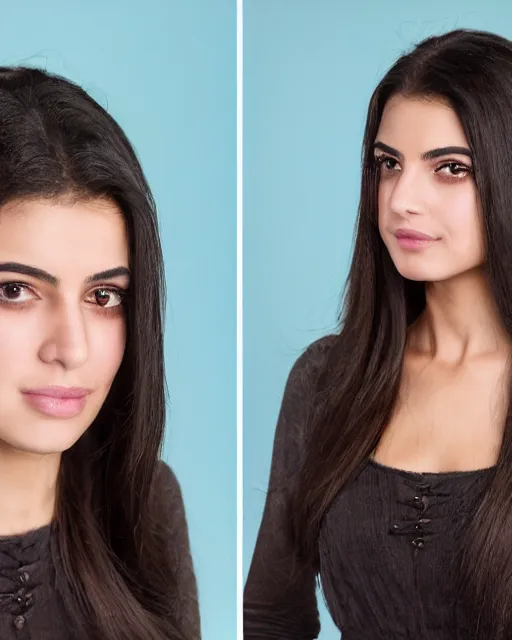 Image similar to a highly realistic, true to life portrait of a beautiful young middle eastern girl, with a symmetrical face, sharp focus, from the waist up, with sharp features, a beautiful face, soft smile, under studio lighting, taken with a canon eos camera with 1 3 5 mm focal length