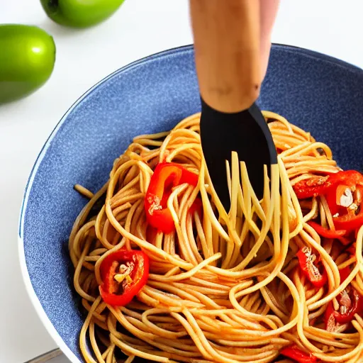 Prompt: spaghetti containing jalapeno peppers inside, plastic fork aside it