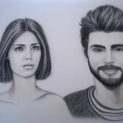 Image similar to pencil art. good looking man and beautiful woman in love. self portrait.