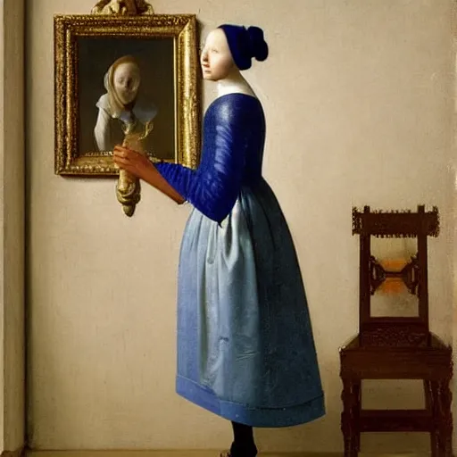 Prompt: cate blanchett in low-cut blouse in front of a mirror, painting by Vermeer