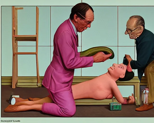 Image similar to the famous snake oil salesman Uncle Aloysius curing a patient of the pink wojacity, painting by Grant Wood, 3D rendering by Beeple, sketch by R. Crumb