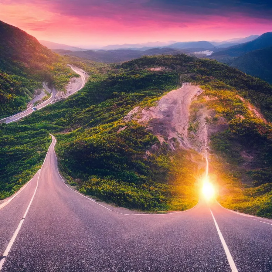 Image similar to a highway road leading to the horizon down a rocky mountain coast, the sunset is a pulsating heart of light. atmospheric good vibes