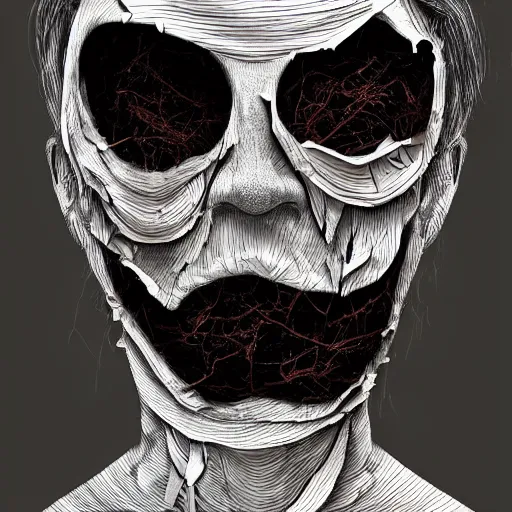 Prompt: face shredded like paper as skin peeling, dark, surreal, illustration, realistic horror