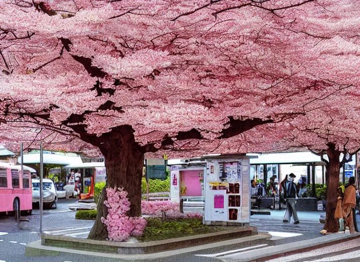 Image similar to pixel art of a bus stop in kyoto where cherry blossoms bloom a warm pink color.