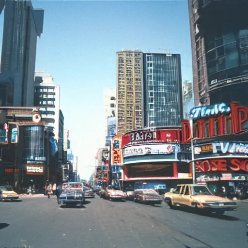 Image similar to a photo of dundas - yonge square, 1 9 8 7, polaroid, kodachrome