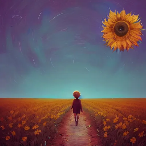 Prompt: huge sunflower face, girl walking in wheat field, hills, surreal photography, dark night, star trails, dramatic light, impressionist painting, clouds, digital painting, artstation, simon stalenhag