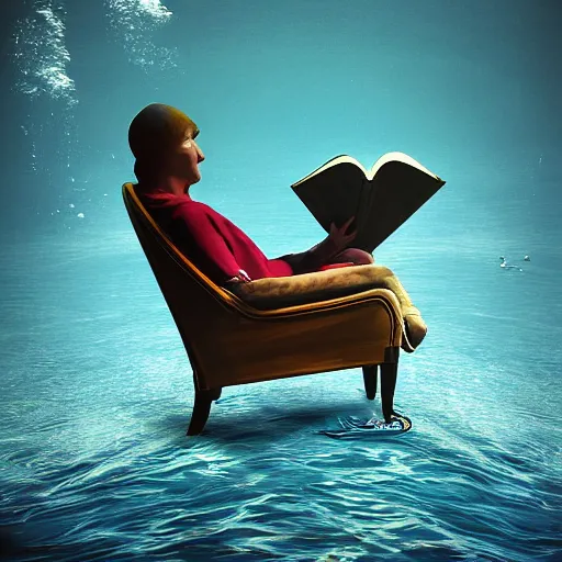 Image similar to a shark sitting in a chair reading a book underwater realistic hdr 8 k 3 5 mm