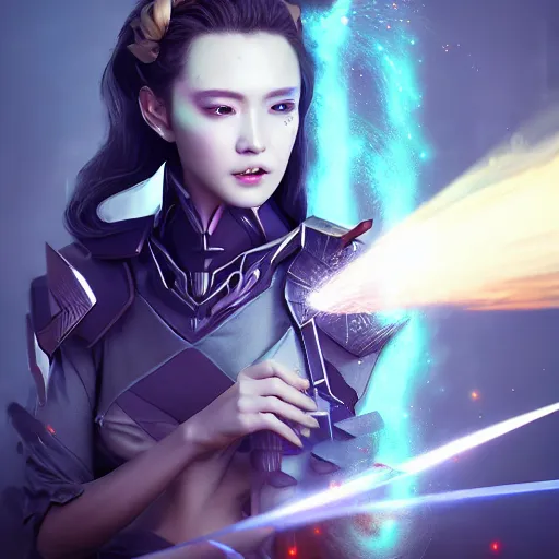 Prompt: A sorcerer wielding a futuristic blast cannon, bust shot, smooth, intricate, elegant, power aura, digital painting, artstation, concept art, high tech fantasy, sharp focus, illustration, art by Zhang Jingna-H 640