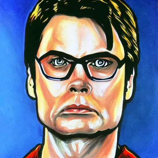 Prompt: Dwight Schrute as Superman lithograph painting