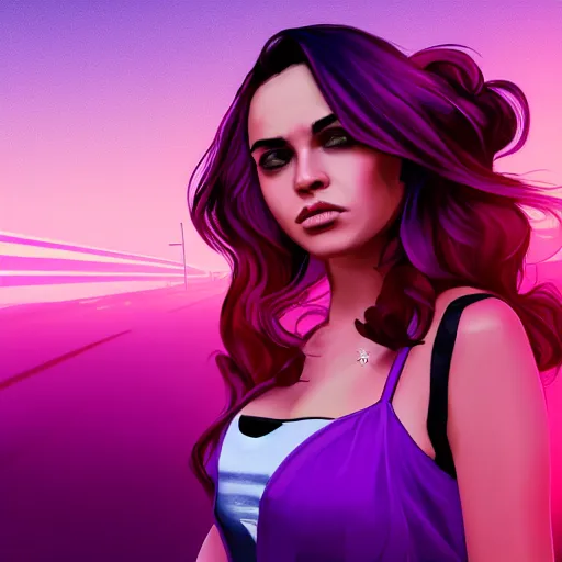 Image similar to a stunning GTA V loading screen with a beautiful woman with ombre hairstyle in purple and pink blowing in the wind, city streets, golden ratio, digital art, trending on artstation