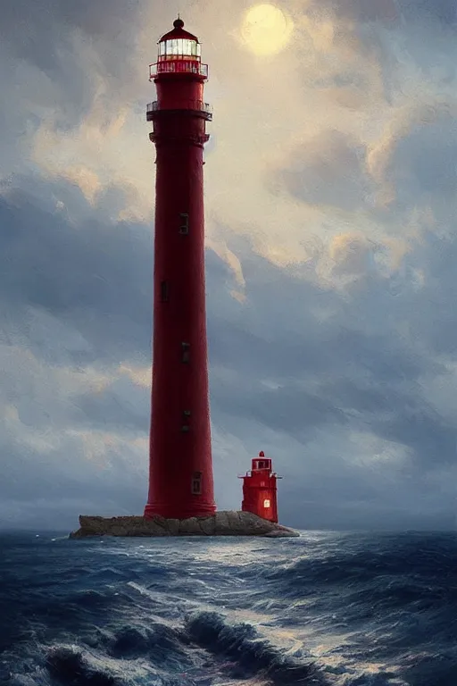 Prompt: imagine a ship in a bottle but instead of a ship a lighthouse is in the bottle, red and white lighthouse, dramatic lighting, masterpiece painting by greg rutkowski