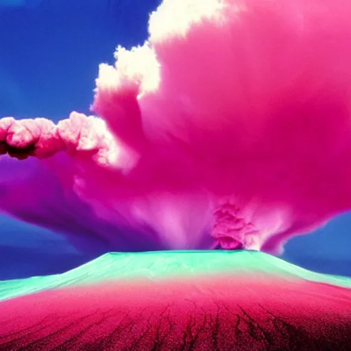 Image similar to pink volcanic eruption magenta sky cyan ground high contrast lava spray vaporwave 1 9 9 6 windows xp