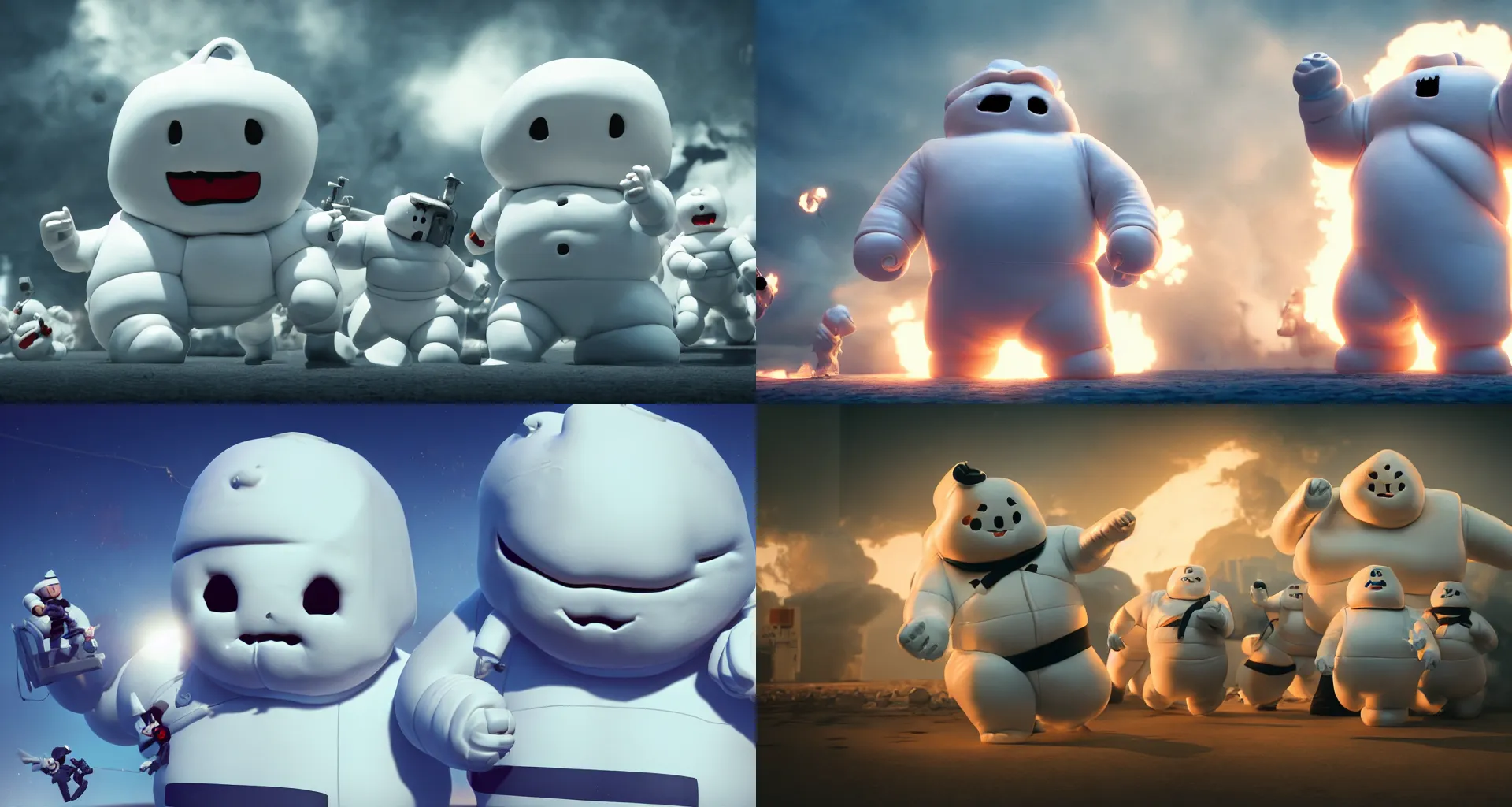 Prompt: stay puft marshmallow man attacks, hyper realism, cinematic, volumetric lighting, Epic composition, high detail, octane render, 8k, High contrast, depth of field, concept art,
