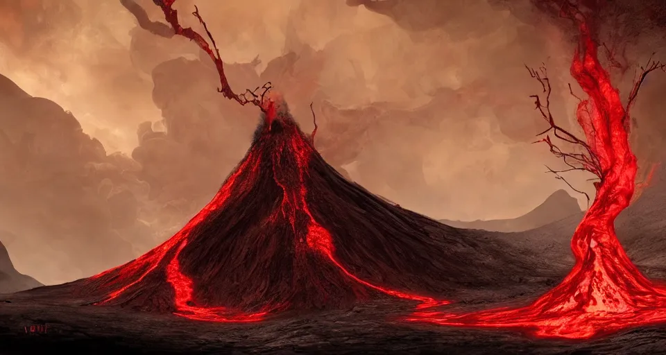 Image similar to a volcano made of ivory vines and crimson rocks enters in eruption, it spits a smoke in the shape of demonic eye, by Artstation