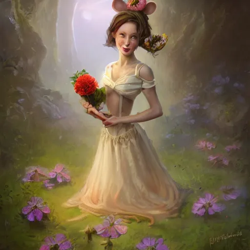 Image similar to an anthropomorphic mouse girl wearing a ball gown and holding a flower, garden, summer, 8k resolution matte fantasy painting, cinematic lighting, DeviantArt, Artstation, Jason Felix Steve Argyle Tyler Jacobson Peter Mohrbacher