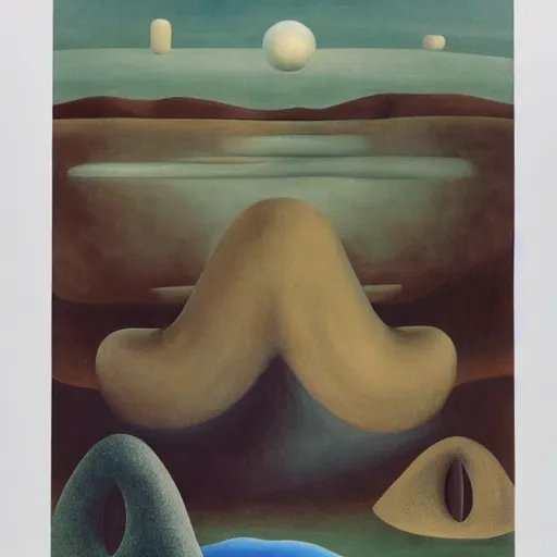 Prompt: otherworldly surreal dream-like landscape by Leonora Carrington, Gertrude Abercrombie, Dorothea Tanning, Helen Lundeberg, Kay Sage, Valentine Hugo, Toyen, Ithell Colquhoun -W 800