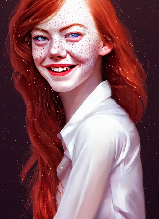 Image similar to portrait of teenage emma stone, freckles, long flowing ginger hair, white shirt and red tie, smiling kindly, friendly, 1 9 8 0 s, intricate, elegant, glowing lights, highly detailed, digital painting, artstation, concept art, smooth, sharp focus, illustration, art by wlop, mars ravelo and greg rutkowski