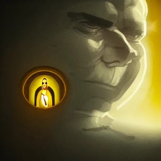 Image similar to Digital portrait of a terrified catholic priest in his thirties kneeled in fervent prayer at the summit of a medieval tower. Looking up with eyes wide open with fear looking straight at the viewer. Dressed in white. An ominous yellow shadow is descending upon him from the night sky. Award-winning digital art, trending on ArtStation
