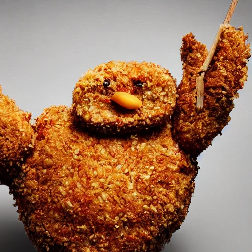 Prompt: standing breaded chicken with a crown of a king in top of it, holding a king staff, hyper realistic, 4k