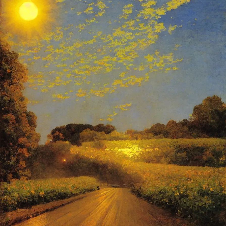 Image similar to cover artwork about a metaphorical highway that leads to the sun during a beautiful morning sunrise, painted by gaston de la touche, winslow homer, thomas moran, steve mitchell...