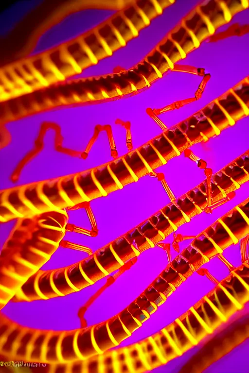 Image similar to high quality close-up photo translucent biomechanic centipede! gorgeous highly detailed hannah yata elson peter cinematic yellow and purple lighting high quality low angle hd 8k sharp shallow depth of field