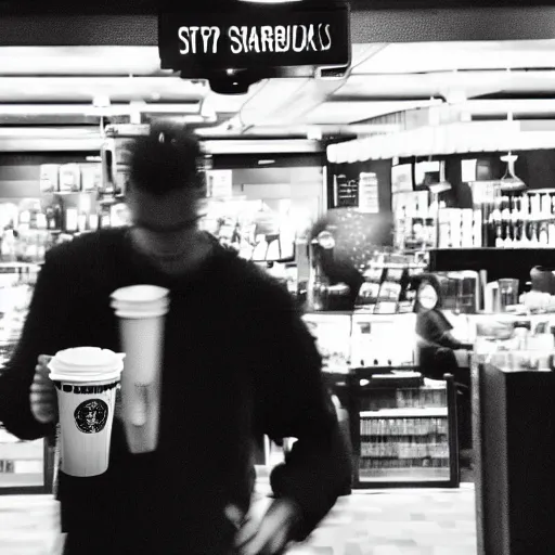 Prompt: a monster caught on cctv camera drinking at starbucks, blurry, photo realistic