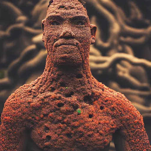 Image similar to beautiful lava human figure, exotic trees, bare bark, dark eyes, low angle mist, high octane, frostbite, 8 k, cinematic, 3 5 mm