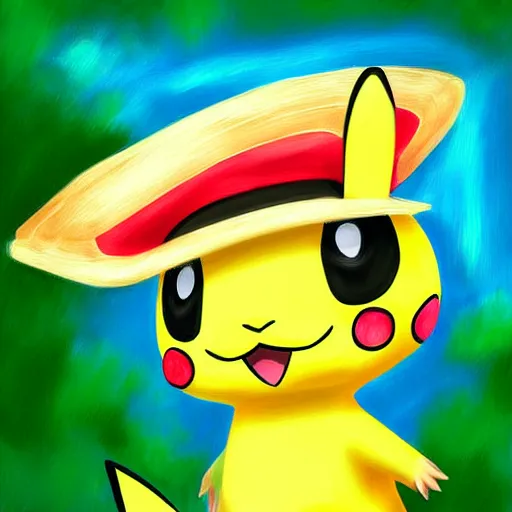 Image similar to Pichu wearing a straw hat, Pokemon, digital painting