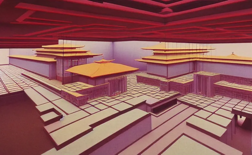 Image similar to huge sprawling gargantuan angular dimension of infinite indoor landscape japanese furniture with asian ceremonial temple. surrealism, mallsoft, vaporwave. muted colours, 8 0 s japanese interior design, shot from above, endless, neverending epic scale by escher and ricardo bofill