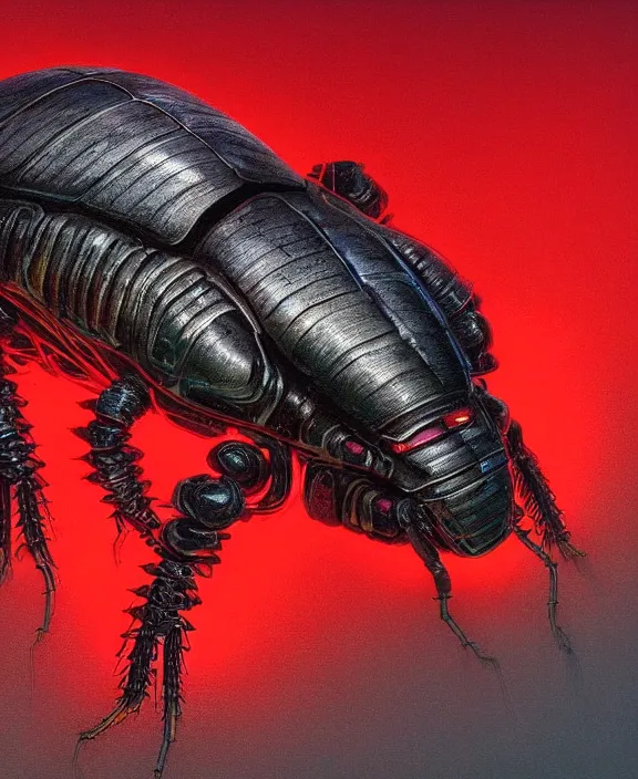 Prompt: a cybernetic beetle with red neon lights, by hr giger and beksinski and stephan martiniere, 4 k resolution, detailed, trending on artstation