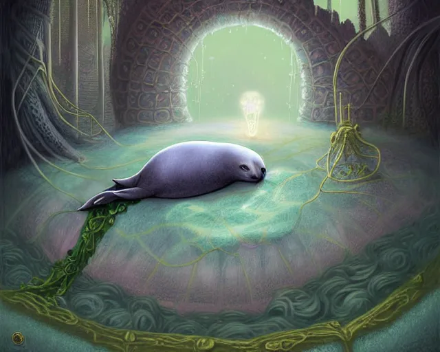 Image similar to beautiful digital fantasy illustration of a Prince in pastel!!!, whimsical acrylic modern pop surrealism, Even Giger-y dark overlords living in the ruins of an ancient system of tunnels and caves like to be comfy every once in a while!, A seal sleeping peacefully in a kelp forest, magic the gathering lands art!!, highly detailed, soft lighting, rendered in octane, masterpiece, very very very aesthetic